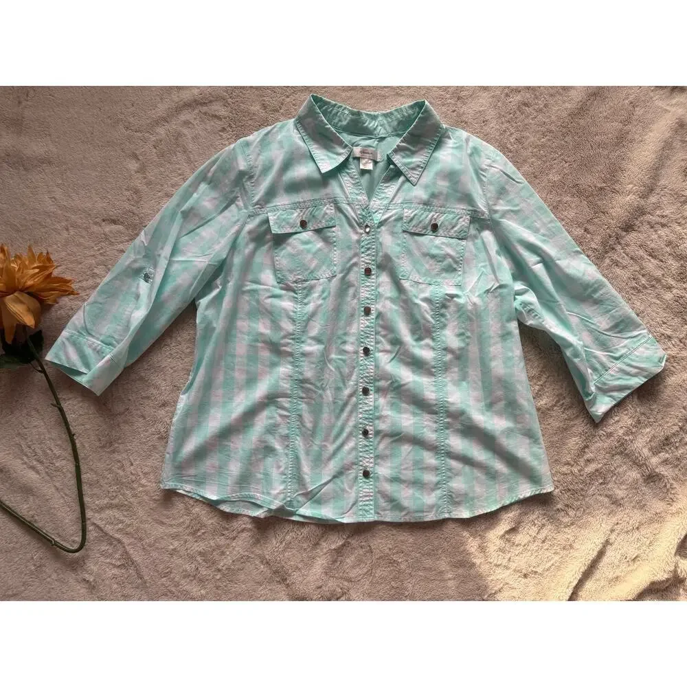 CJ Banks Green Gingham Blouse Size 1X